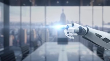 Modern bir ofiste dijital güvenlik kalkanıyla etkileşime geçen robot bir el, yenilikçi koruma çözümleri için teknoloji ve siber güvenliğin kesişimini gösteriyor. Auvana