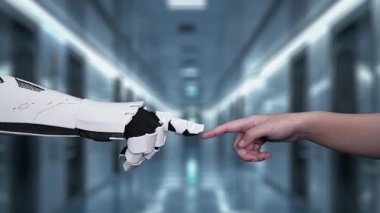 Robot ve insan elini uzatıyor ve yüzen tıbbi haç ikonu ile parmağıyla işaret ediyor. Laboratuvar geçmişini işaret ederken robot eller ve insanların birlikte çalışması yakın plan. Sağlıklı..