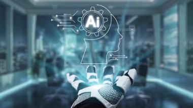 Dijital yapay zeka arayüzüne uzanan robot bir el, modern bir çalışma alanında ileri veri analizi sergilenen teknoloji ve yeniliğin kesişimini sembolize eder. Auvana