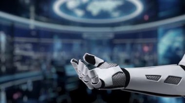 Fütürist bir robot el ileri teknoloji ve küresel bağlantıyı temsil eden parıldayan veri elemanlarıyla dolu bir dijital holografik ekran sergiliyor. Auvana
