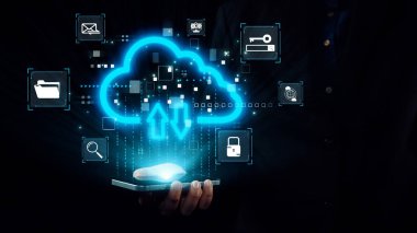 Veri güvenliği, dosya depolama ve iş ortamında kusursuz internet bağlantısı gösteren bulut hesaplama teknolojisinin görsel bir temsili. Dörtgen