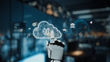 Robotik bir el, dijital bulut teknolojisi sembollerine işaret ediyor. Gösterişli bir ofis ortamında, makine ve veri arasında yenilik ve etkileşim sergiliyor. Auvana