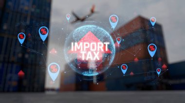 Arka planda kargo konteynerleri, uçak ve yüzde sembolleriyle Dijital Küresel Vergi İthalatı Görselleştirmesi. Sevkiyat.