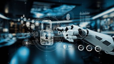 Fütüristik bir robot el, modern ortamlarda teknoloji ve veri korumasının kesişiminin gösterildiği gösterişli bir kontrol odasında dijital güvenlik sembolleriyle karşılaşır. Auvana