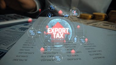 Uluslararası Ticaret ve Mali İşlemler 'e dayatılan gümrük vergilerini yansıtan Küresel Ekonomik Elemenlerle birlikte Dijital İhracat Vergisi kavramı. Sevkiyat.