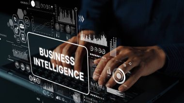 Bilgisayarda Eller Yazılı İş Zekası Konsepti Veri Görselleştirme ve Analitik Grafiklerle çevrili. Asemptotik akıllı veri analitiği.