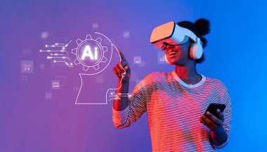 Genç bir kadın yapay zeka kavramlarıyla etkileşime girerek sanal gerçekliği keşfediyor. Renkli dijital arka plan teknoloji ve yaratıcılığın birleşimini vurguluyor. XDMCP