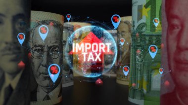 Küresel Ticaret ve Ekonomik Güçlükleri Mali Semboller Arasında temsil eden Çeşitli Para Birimi Rollleri ile Vergi ve Gümrük İthalatı Konsepti. Sevkiyat.