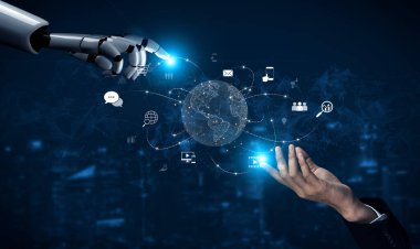 Küresel iletişim ağının yapay zeka destekli görselleştirilmesi, veri alışverişini, küresel bağlantıyı, dijital etkileşimi ve iletişim ağını gösteriyor. Kefil