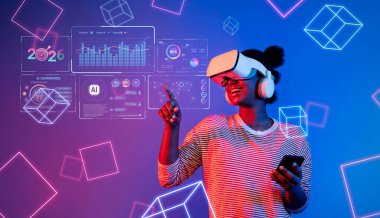 Sanal gerçeklik teknolojisine dalmış, yeni yıl için dijital analitik ve pazarlama eğilimleriyle uğraşan bir kadın, kullanıcı etkileşimi ve yeniliğin geleceğini vurguluyor. XDMCP