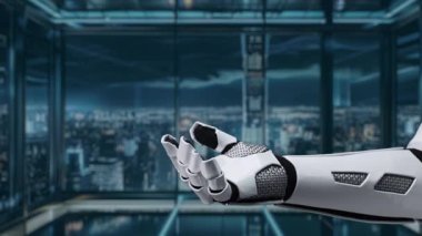 Fütürist bir robot el, ileri teknoloji, veri yönetimi ve dijital çağdaki yenilikçi çözümleri sembolize eden yüksek teknoloji arkaplanının ortasında bir sanal klasör sergiliyor. Auvana