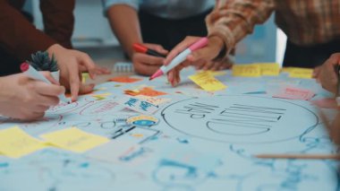 Renkli yapışkan notlar ve canlı çizimlerle çevrili bir atölyede iş birliği yapan farklı insanların dinamik bir sahnesi, yaratıcılığı ve takım çalışmasını teşvik eden bir ofis alanı. SACTR