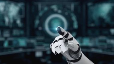 Bir robot el, yapay zeka teknolojisinin modern ortamlara entegrasyonunu sembolize ederek, yenilik ve etkileşimi vurgulayarak yüksek teknolojili bir dijital arayüze doğru uzanır. Auvana