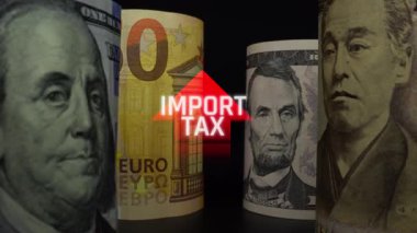 Küresel Ticaret ve Ekonomik Güçlükleri Mali Semboller Arasında temsil eden Çeşitli Para Birimi Rollleri ile Vergi ve Gümrük İthalatı Konsepti. Sevkiyat.