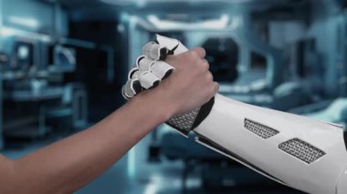 Robot ellerin ve insan ellerinin kalp hologramıyla el sıkışması. Yapay zeka ve insan birlikte çalışabilir ya da bulanık laboratuarlı kalp hologramıyla anlaşma yapabilir. Takım çalışması. Sağlıklı..