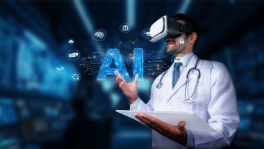 Tıbbi bir profesyonel, modern bir sağlık ortamında yapay zeka uygulamalarını keşfetmek, hasta bakımını ve eğitimini geliştirmek için sanal gerçeklik kulaklığı kullanır. PHMT