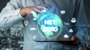 Çevresel denge, dijital sürdürülebilirlik ikonları, yeşil enerji hedefleri ve gelecek için eko-bilinçli dijital iş dönüşümü ile ağ sıfır ve sürdürülebilirlik kavramları. Muxer