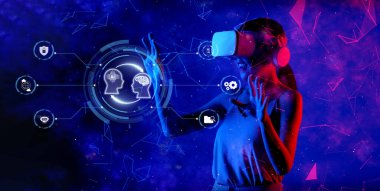 Sanal gerçeklik ortamına dalmış, benzersiz bir dijital deneyim için gelişmiş yapay zeka teknolojisiyle uğraşan birini gösteren büyüleyici bir görüntü. XDMCP