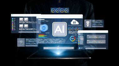 Karanlık bir ortamda sergilenen, yenilik ve teknolojiyi ön plana çıkaran çeşitli veri analiz araçlarının sunduğu yapay zeka arayüzünün görsel olarak büyüleyici bir temsili. Dörtgen