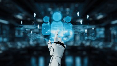 Robotik bir el, yüksek teknolojili sanal ortamda mavi kullanıcı figürlerini sergileyen, gelecekteki yenilikleri ve bağlantıları somutlaştıran parlak bir dijital arayüze bağlanır. Auvana