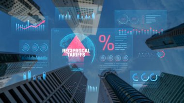 Arka planda Finansal Veri Görselleştirmeleri ve Gökdelenlerle Karşılıklı Tarifeler Dijital Konsepti. Sevkiyat.