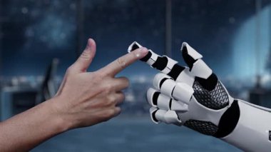 İnsan eli, dinamik grafikler ve grafikler gösteren bir robot eliyle etkileşime girer, teknoloji ve iş büyümesindeki insan görüşü arasındaki işbirliğini sembolize eder. Auvana