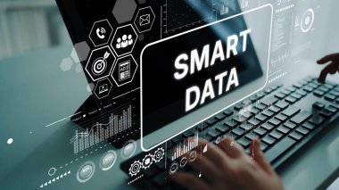 Analitik görselleştirme ve modern tasarım unsurlarıyla bilgisayar ekranında akıllı veri içgörüleri sergileyen gelişmiş teknoloji kavramı. Asemptotik akıllı veri analitiği.