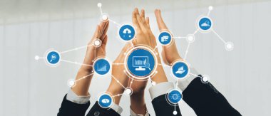 Çeşitli iş dünyasından profesyoneller, dijital grafik grafikleri ve modern ofis estetiği tarafından vurgulanan analitik ve stratejide işbirliğini temsil eden bir araya geliyor. Dostluk