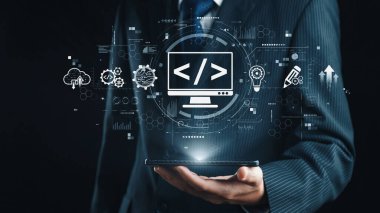 Kodlama sembolleri, web geliştirme süreci, web geliştirme arayüzü ve web geliştirme araçlarını içeren modern web geliştirme kavramı. Elide