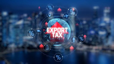 Vergi ve Gümrük İdaresi Görselleştirmesini Şehir Arkaplanındaki Küresel Ekonomik Semboller ve Yüzdelik Simgelerle İhraç Et. Sevkiyat.