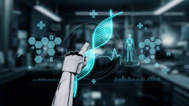 Tıbbi verilere ya da teşhis semptomlarına erişmek için robot ellerle DNA hologramına tıklayın. Yapay zeka semptomları analiz ederken genetik simülasyonda robot el kontrolü. Sağlıklı..