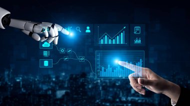 Bulut ve veritabanından iş görüşleri ve performans izleme için otomatik analitik gösterge paneline kusursuz veri entegrasyonunu gösteren yapay zeka arayüzü