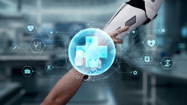 İnsan elinin, tıbbi çapraz holografik dalgalarla uzanıp robotik kolu tutması. Beyaz robot kolu, kırmızı haç ikonuyla insanları tutarken insanlara yardım ve destek oluyor. Sağlıklı..