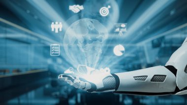 Fütüristik bir robot el, teknoloji ve iş dünyasının kesişmesini sembolize eder. Gösterişli bir ortamda büyümeyi, yeniliği ve işbirliğini temsil eden çeşitli simgeler sergiler. Auvana