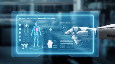 İnsan anatomisini gösteren ve bulanık laboratuvar geçmişine sahip robot el işaretlerini kapat. Robot el, tıbbi verileri teşhis semptomlarına bağlamak için x ray gösterge paneline tıklıyor. Sağlıklı..