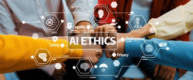 Bugün dijital ortamda yapay zeka etiği, yasallık, güvenlik ve mahremiyet gibi kilit temaları temsil eden, dayanışmaya katılan çeşitli ellerin ilgi çekici bir görüntüsü. Dostluk