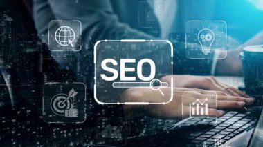 SEO görünürlüğünü geliştirmek için SEO konsepti, SEO ile ilgili dijital araçlar ve SEO performans simgeleri stratejik pazarlama için odaklanmış bir planda gösteriliyor. Muxer