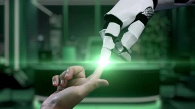 Holografik bir dünya ve dijital simgelerle uğraşan, sürdürülebilirlik ve yeniliğin geliştirilmesinde teknolojik rolü sembolize eden robotik bir kolun yer aldığı dinamik bir sahne. Auvana