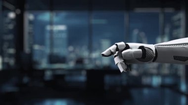 Bir robot el, sosyal bağlantıları gösteren dijital bir dünya haritasıyla etkileşime girer ve yapay zekanın küresel ağ oluşturma ve yeniliğe entegrasyonunu sembolize eder. Auvana