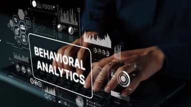 Eller Klavyeye Davranış Analitik Kavramları ve Veri Görselleştirme Elementleri 'ni temsil eden Dijital Kaplama ile Yazıyor. Asemptotik akıllı veri analitiği.