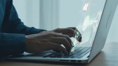 Bilgisayarında Eller Yazılı Modern Çalışma Alanı Dijital Arayüz Elementleri Temsil Teknolojisi ve İnovasyonla çevrilidir. Dörtgen.