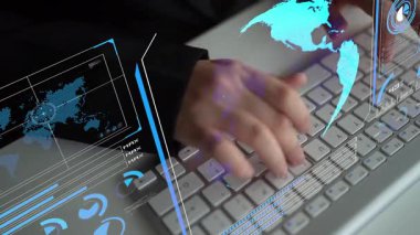 Dünya çapında dijital iletişimi, veri alışverişini ve internet bağlantısını gösteren yüksek teknolojili küresel ağ bağlantı arayüzü. Küresel bağlantı, veri etkileşimi ve dünya çapında iletişim. Thunk