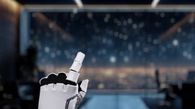 Bir robot el, veri yönetimi ve analizini temsil eden dijital simgelerle çevrili, parlak ve modern bir ofis ortamında bir bulut arayüzü ile etkileşir. Auvana