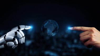 Gelecekçi robot yapay zeka yapay zeka yapay zekayı aydınlatıyor ve makine öğrenme kavramını geliştiriyor. İnsan hayatının geleceği için küresel robot biyonik bilim araştırması. 3B görüntüleme grafiği.