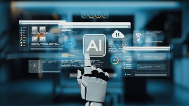 Bir robot el gelişmiş bir yapay zeka arayüzü ile etkileşime girer, modern bir çalışma ortamında çeşitli veri analizleri ve uygulama özelliklerini gösterir. Auvana