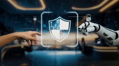 Modern bir ofiste robot bir ele uzanan insan elinin görsel olarak çarpıcı tasviri siber güvenlik ve dijital korumadaki işbirliğini sembolize ediyor. Auvana