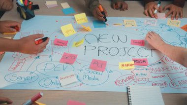 Yeni bir proje için işbirlikçi bir beyin fırtınası oturumu sunan canlı bir sahne, çeşitli ellerin renkli yapışkan notlar ve büyük bir masanın üzerindeki fikirlerle etkileşime girdiği. SACTR