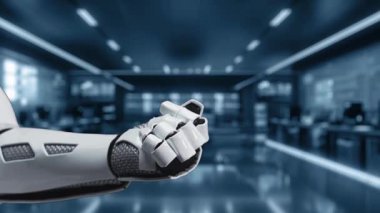 Parlak dijital arayüzlü parlak bir robot robot sohbet robotu konsepti sergiliyor. Modern düzende teknoloji ve yeniliğin iletişimde entegrasyonu vurgulanıyor. Auvana