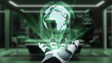 Robotik bir el, teknolojinin modern ulaşımda sürdürülebilir uygulamalarla birleştirilmesini gösteren çevre dostu sembollerle çevrili parlayan bir holografik küreyi sunar. Auvana
