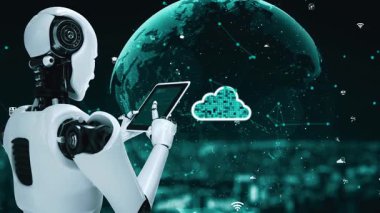 AI robot huminoid uses cloud computing technology to store data on online server . Futuristic concept of cloud information storage analyzed by machine learning process . 3D rendering .